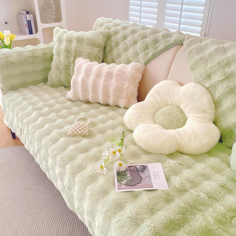 New Rabbit Plush Sofa Cushion Winter Thickened Plush Seat Cushion Straight Row Three-Person Non-Slip Leather Sofa Cover