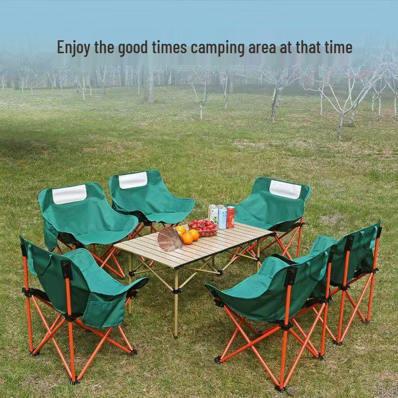 Portable Outdoor Folding Table & Moon Chair Set - Complete Camping & BBQ Gear