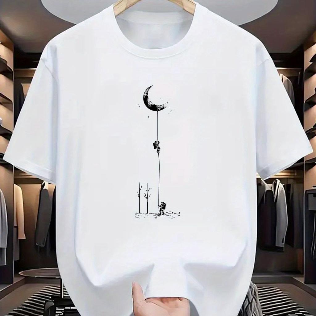 Summer men's 100_ pure cotton casual loose fit plus size moon landing pattern printed round neck short sleeved T-shirt top