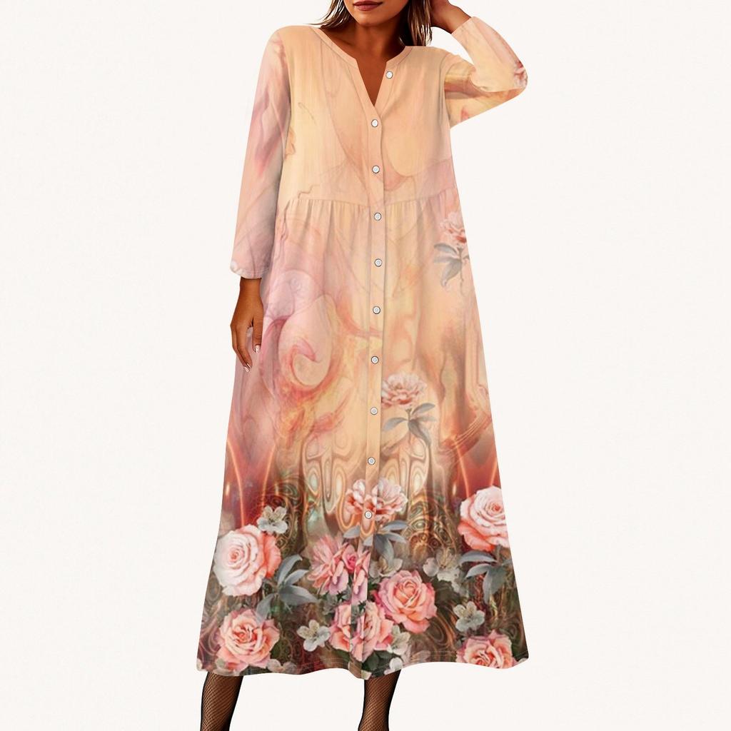 Women's Fashionable Printed Round Neck Seven Quarter Sleeve Button Loose Shirt Dress