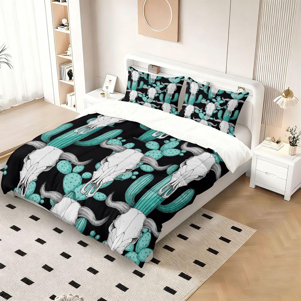 Western Skull Cactus Print Duvet Cover Set(1 Duvet Cover & 1/2 Pillowcase)Boho Style Bedding Set For Bedroom Decor