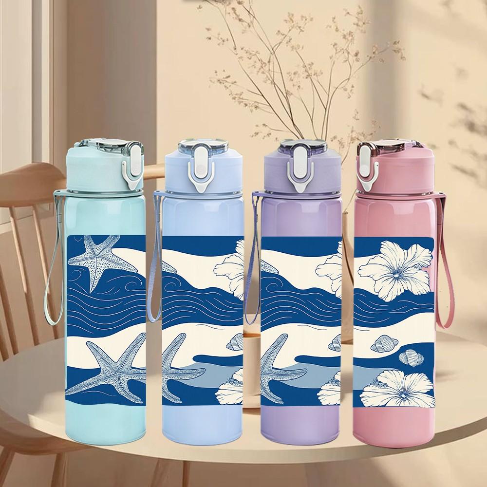 1PC Blue Wave Starfish Pattern 750ml Color Plastic Sports Water Bottle Leakproof Flip Straw Lid Suitable for Sports Office Home Use