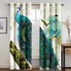 Green Peacock Feather Blackout Curtains Beautiful Watercolor Bird Flower Peony Pattern Livingroom Decor Shading Cloth Drape 2Pcs