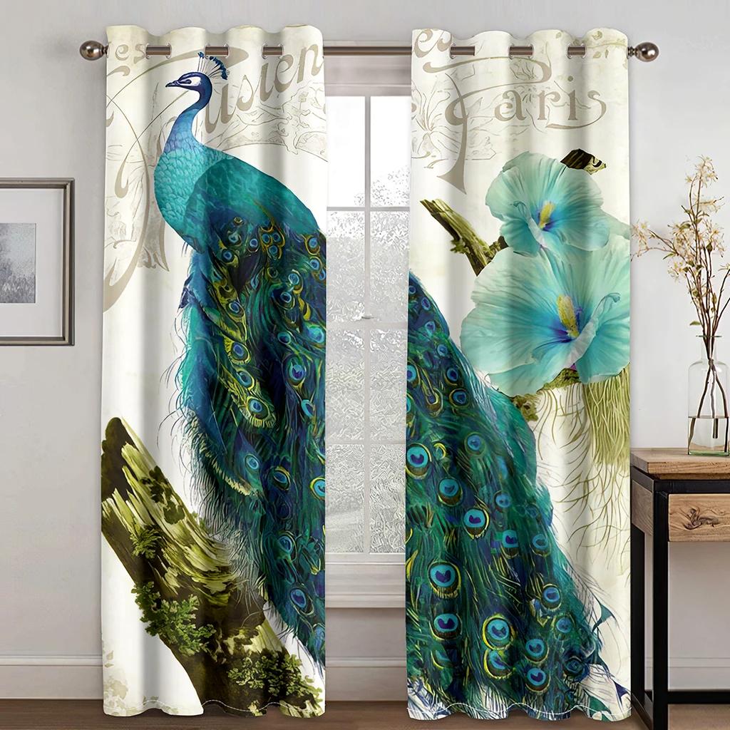 Green Peacock Feather Blackout Curtains Beautiful Watercolor Bird Flower Peony Pattern Livingroom Decor Shading Cloth Drape 2Pcs