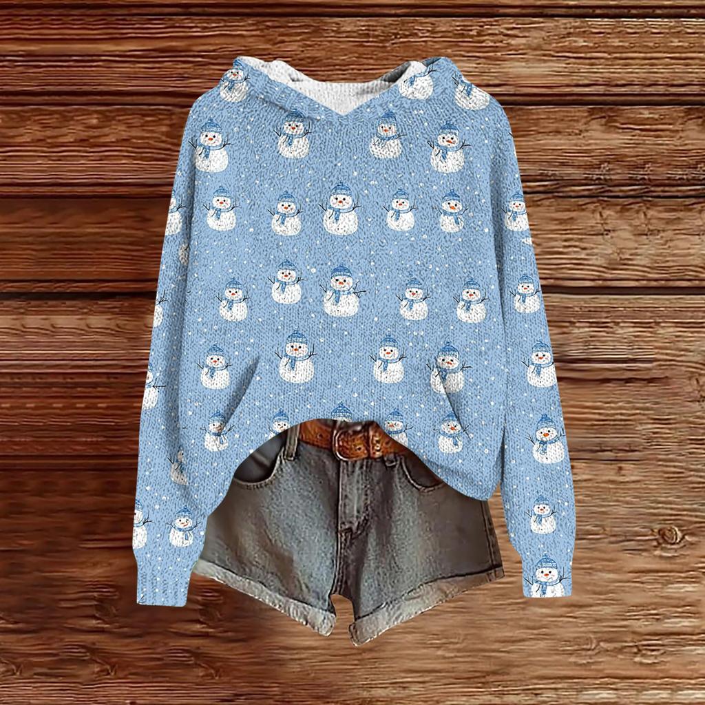 Women's Fashion Casual Long Sleeve Christmas Print Hooded Knitted Sweatshirt