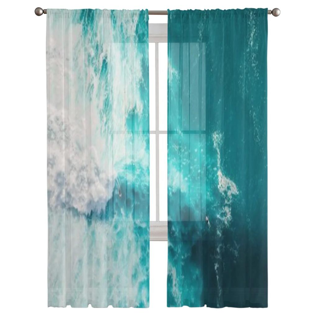 Ozeanwelle am Strand, transparenter Vorhang für Wohnzimmer, moderne Voile-Tüll-Fenstervorhänge für Schlafzimmer, Küche, Vorhänge
