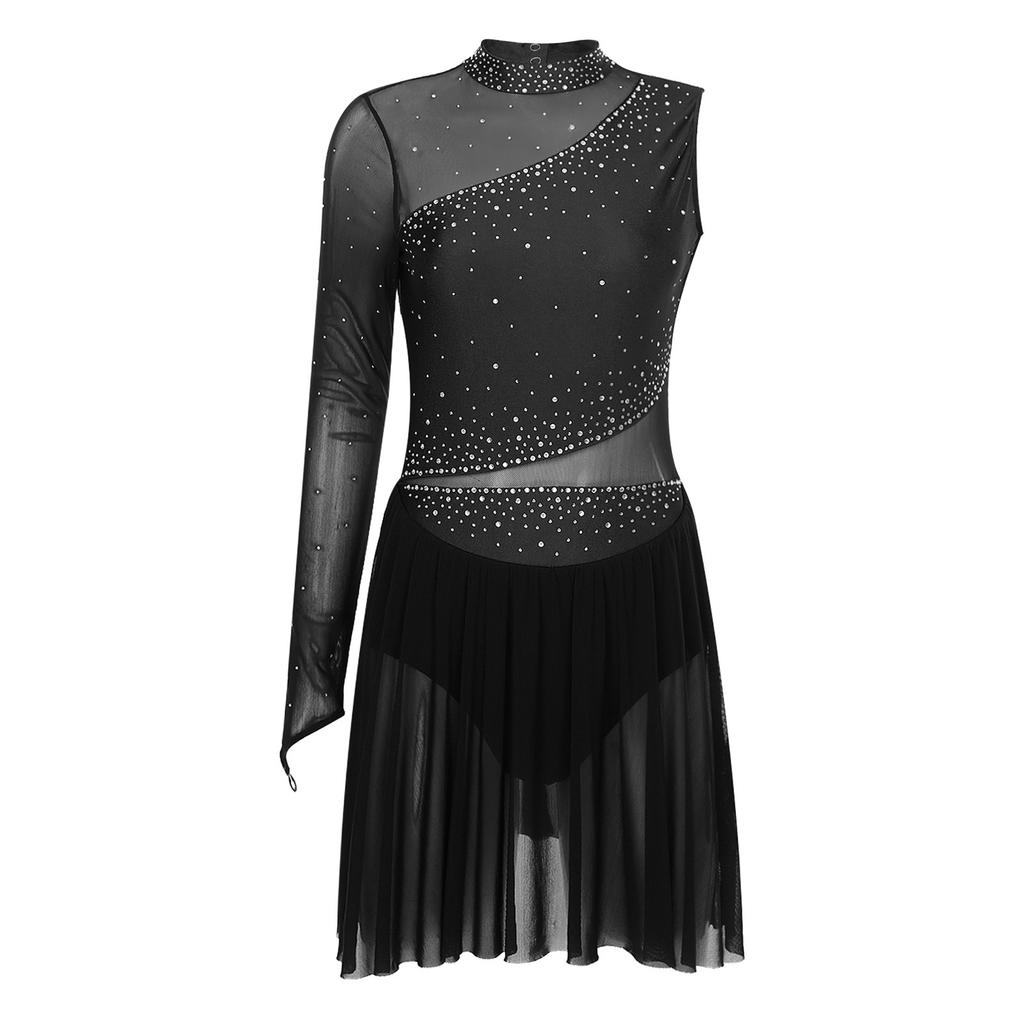 Womens Figure Skating Dance Leotard Single Sleeve Mock Neck Sparkle Rhinestone Ice Performance Wear
