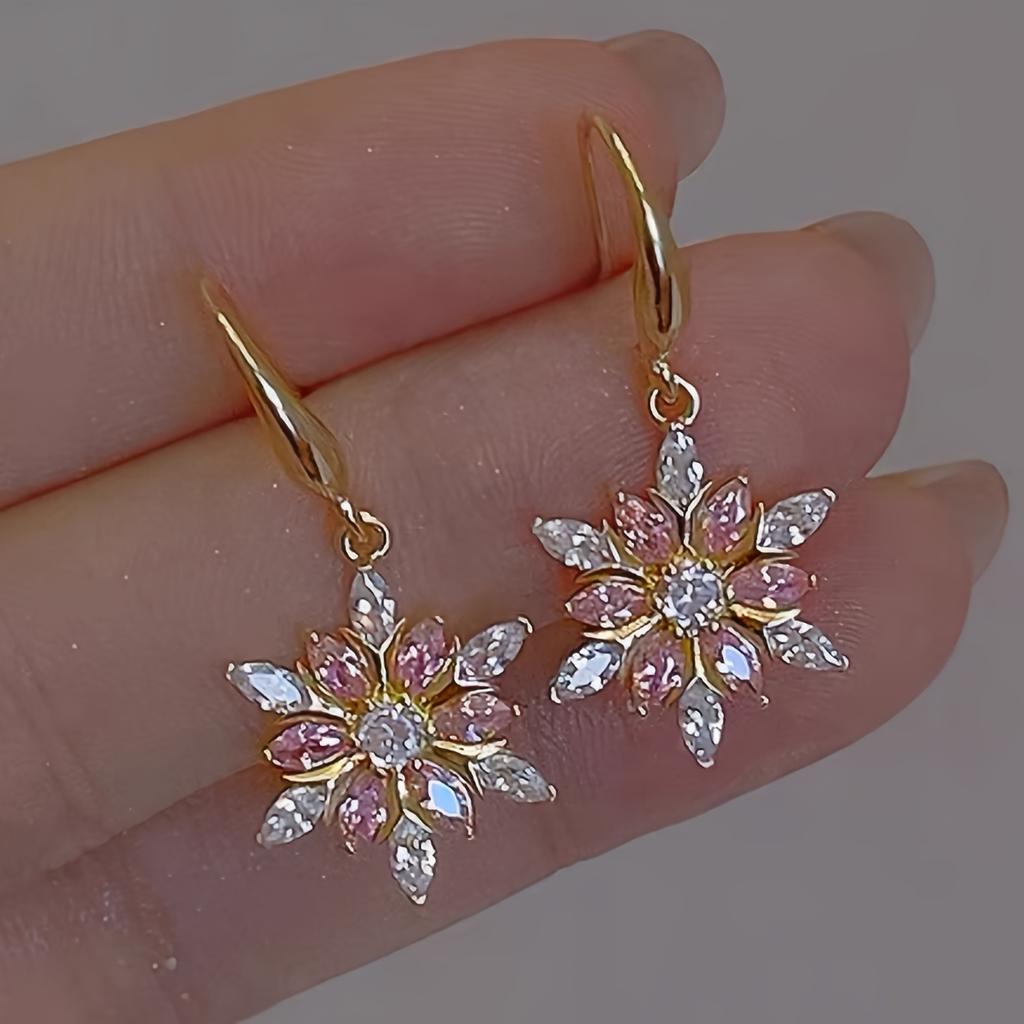 1 Pair Elegant Snowflake Dangle Earrings with Pink Rhinestones,  Chic Sparkling Jewelry for Women, Perfect for Daily Wear & Vacation, Christmas Gift