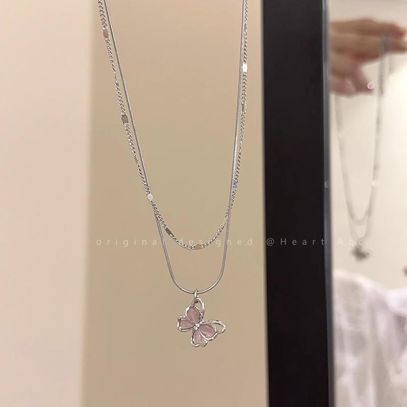 Y2K Titanium Steel Hollow Butterfly Double-Layer Necklace for Women - Light Luxury Clavicle Chain Choker