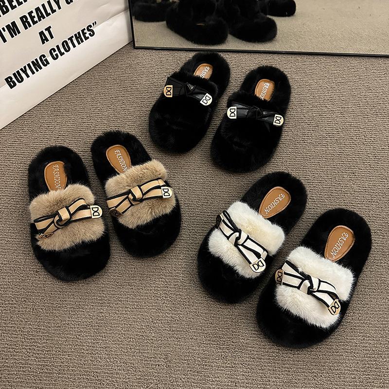Internet celebrity black European wool slippers women wear 2025 autumn and winter new high-end thick-soled cotton slippers