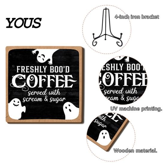 Decorative Signs with Metal Stands Halloween Coffee Bar Wooden Sign Iron Display Stand for Corner Kitchen Station Accessories Tabletop Decor,