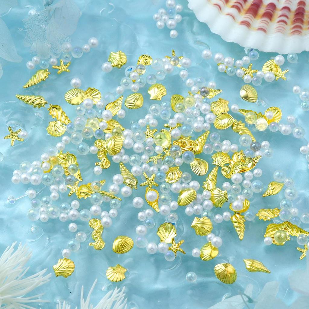 1pack Y2K Metal 3D Nail Art Charms with Conch, Starfish, Seashell Metal Rivets Nail Parts, Pearl Rhinestone Decoration, Summer Nail Supplies