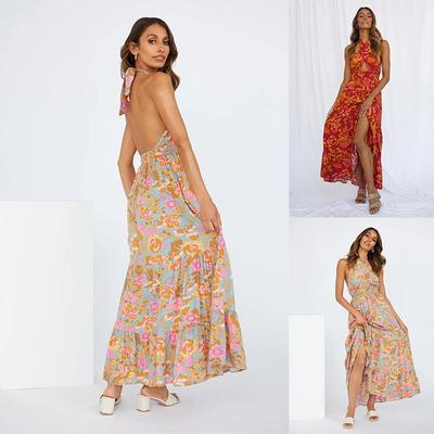 Women Spring Sleeveless Flower Print Hanging Neck Dress Spring Casual A-Line Ankle-Length High Waist Slit Sexy Strap Dresses