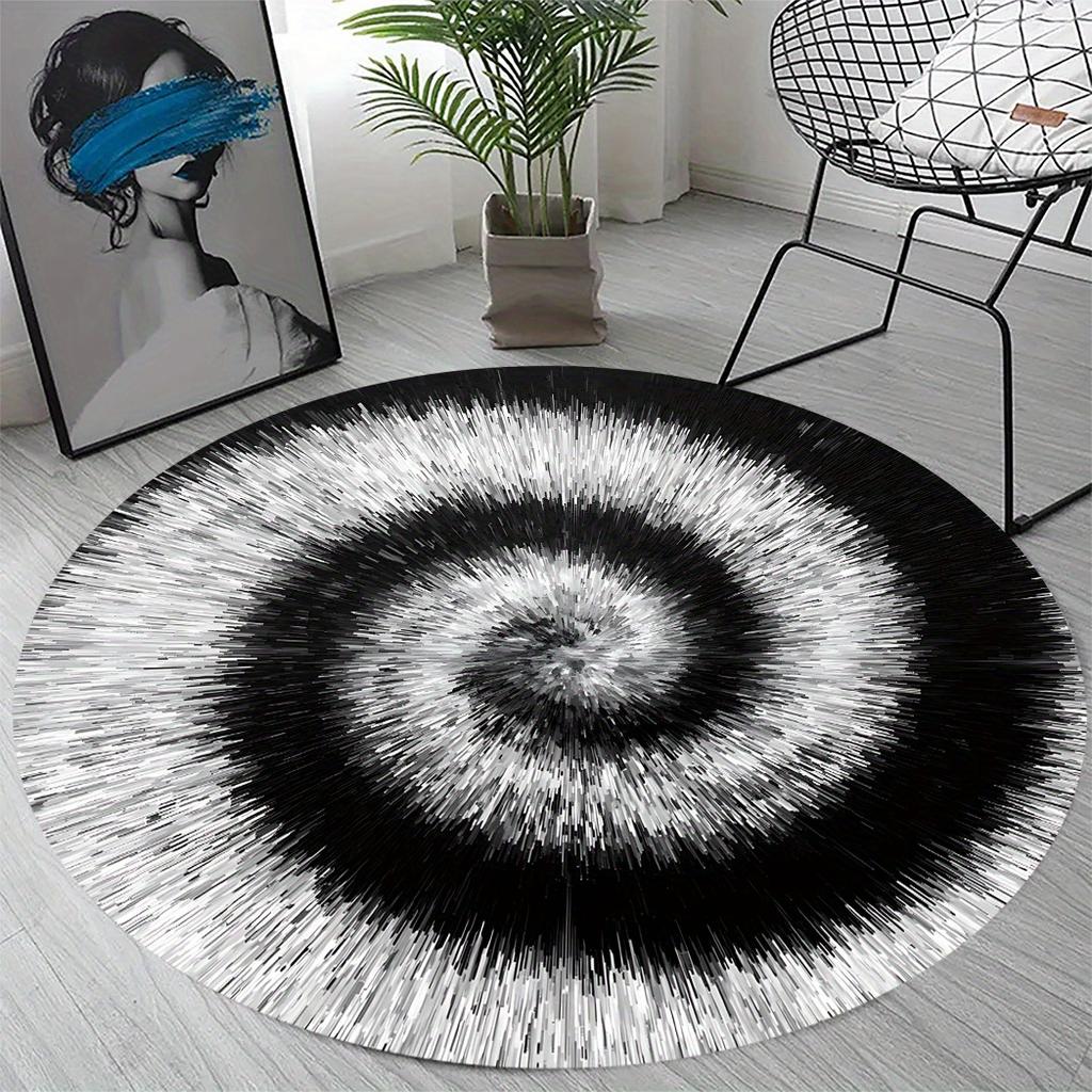 Black and Gray Spiral Tie-Dye Round Area Rug, Non Slip Washable Floor Mat for Living Room Bedroom and Patio, Abstract Decor