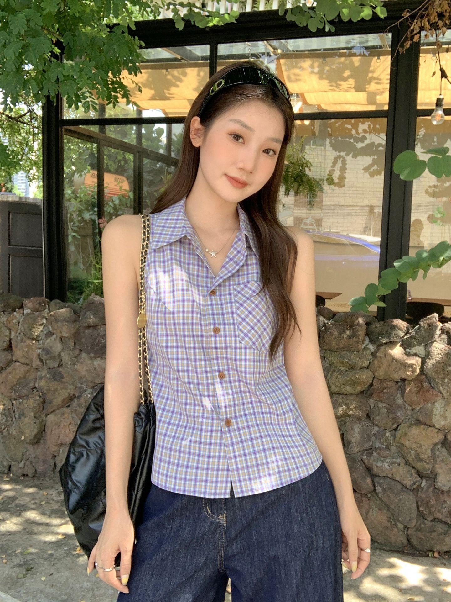 Blue-green plaid Polo collar vest sling women s summer new design loose and thin sleeveless top S