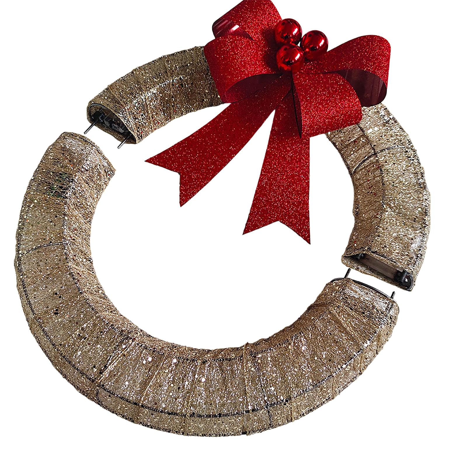 

Рождественский металлический светящийся венок со светодиодными теплыми огнями и бантом из ленты, праздничное украшение One Size золотой