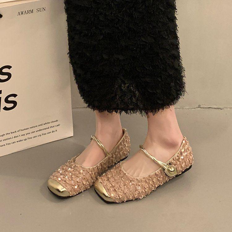 

Xiaoxiangfeng shallow mouth single shoes female spring and autumn new lace sequins French fairy gentle evening soft flat bottom Mary Jane 40 розовый