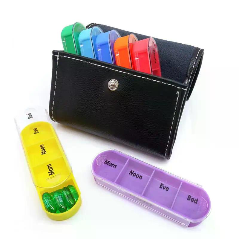 Weekly Pill Organizer Box Case Travel Medication Reminder Daily AM PM, Day Night 7 Compartments In Leather Carrying Case