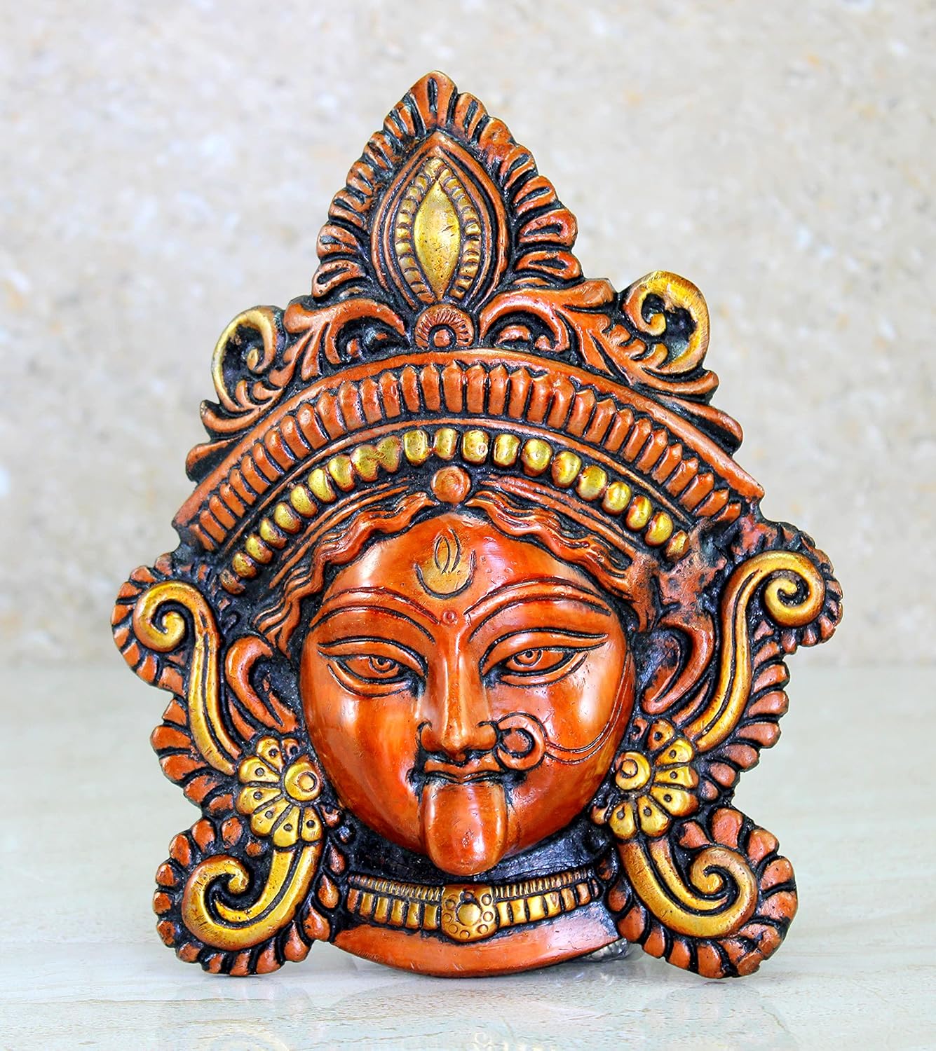 Goddess Kali Maa Kali Mata Face Wall Hanging Idol, Brass, Multicolor - 7.25 Inch