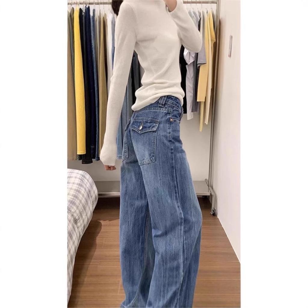Jeans Dritti a Vita Media Lavati Retro da Donna - Estivi Loose Fit, Modellanti, Pantaloni a Gamba Larga Lunghi fino a Terra