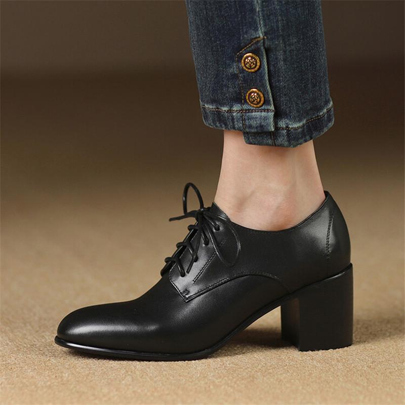 Fashion New Spring Genuine Leather Women Shoes Round Toe Women Pumps Shoes for Women High Heel Chunky Heel Shoes Zapatos Mujer Loafers