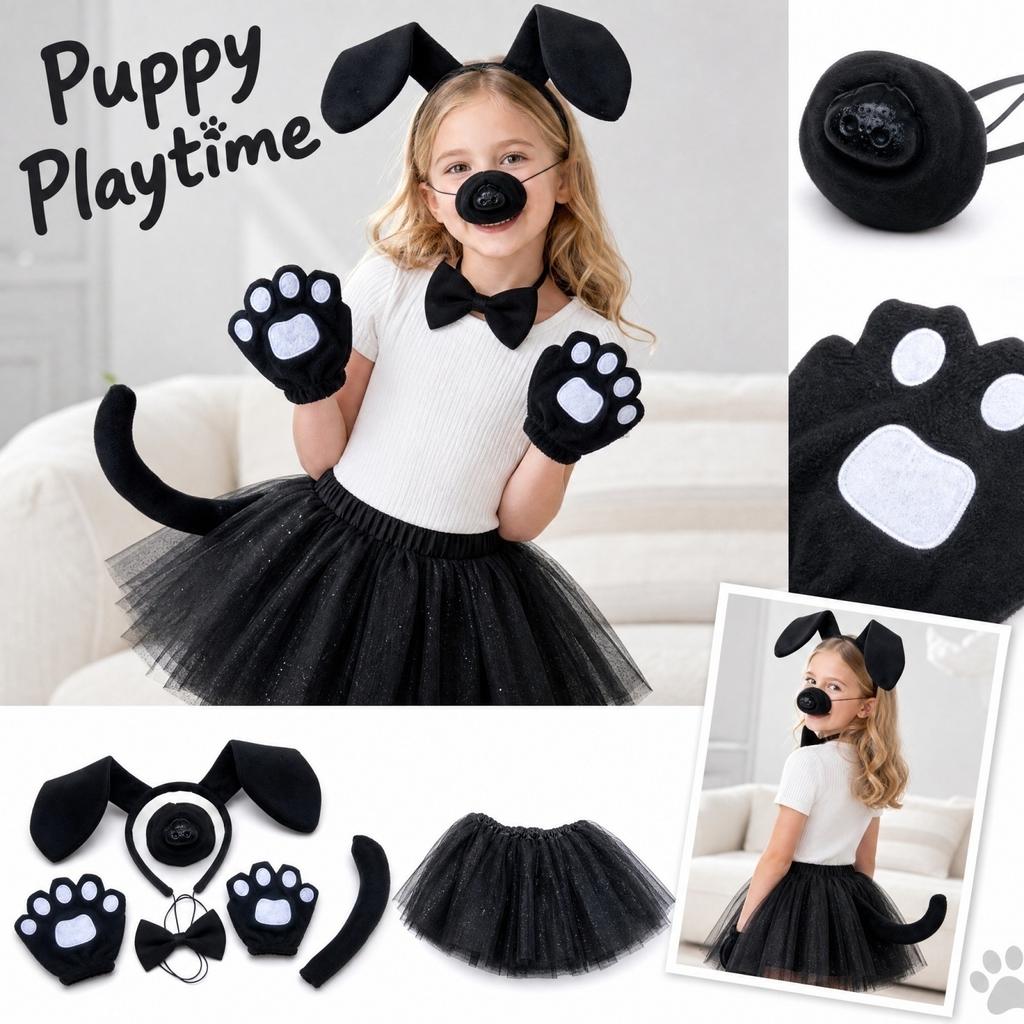 Dog Costume Accessory Set - Headband, Nose, Tie, Tail, Gloves, Skirt