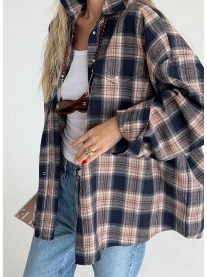 2025 Autumn Women s Vintage Plaid Lapel Loose Long-Sleeve Shirt Small чёрный/кофейный