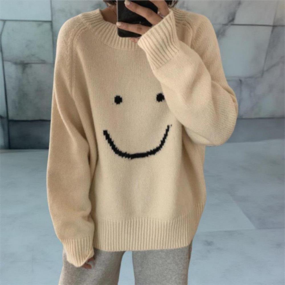 New Arrivals Open Run Women Loose Fit Smile Round Neck Long Sleeve Knitwear