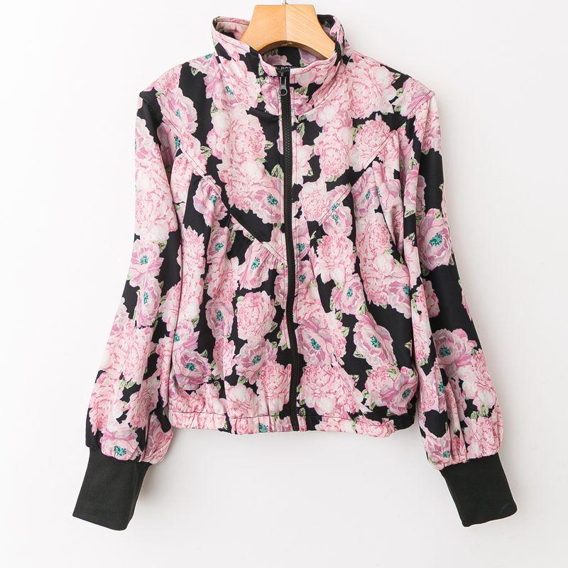 

Весна и Осень Внешняя Торговля Корейский Стиль Новый Молодящий Живой Универсальный Повседневный и Удобный Воротник-стойка Длинный рукав Застежка-молния Верхняя одежда Black background pink flower S