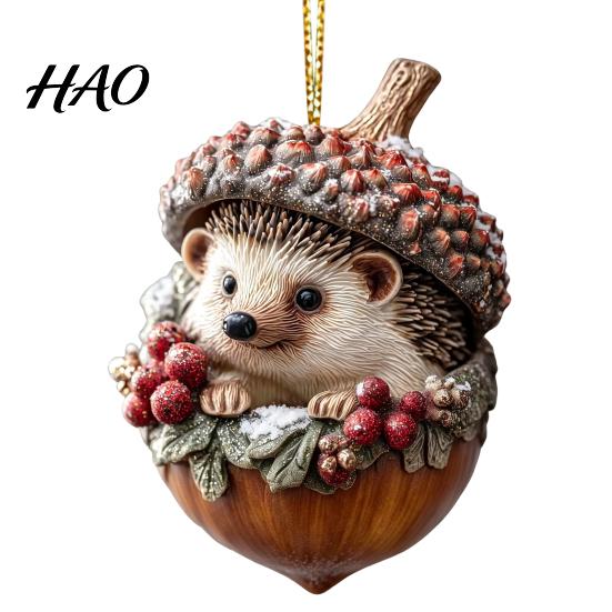 Elegant Holiday Decor Forest Animal Acorn Hanging Ornament, 2D Acrylic Flat Printed Tree Seasonal Ornaments for Christmas, Woodland Creature Pendant,