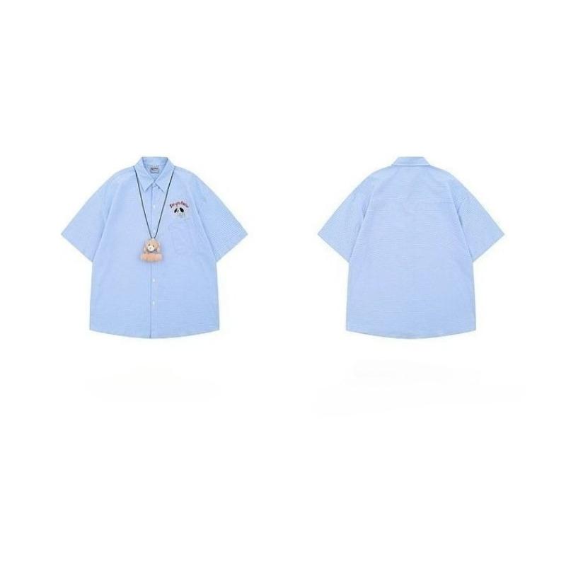 Dog Embroidered Women's Shirt Short Sleeved Teddy Bear Pendant Checkered Shirts College Style Casual Versatile Blouses