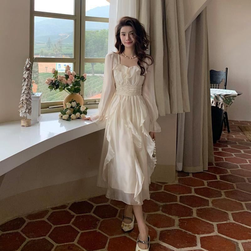 Elegant French Ruffle Waist-Cinching Princess Dress - Women's Spring/Autumn Long Skirt Design