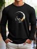 Landing Moon Print 100% Pure Cotton Men's Long Sleeved Round Neck Loose Spring and Autumn Casual Versatile T-shirt Top
