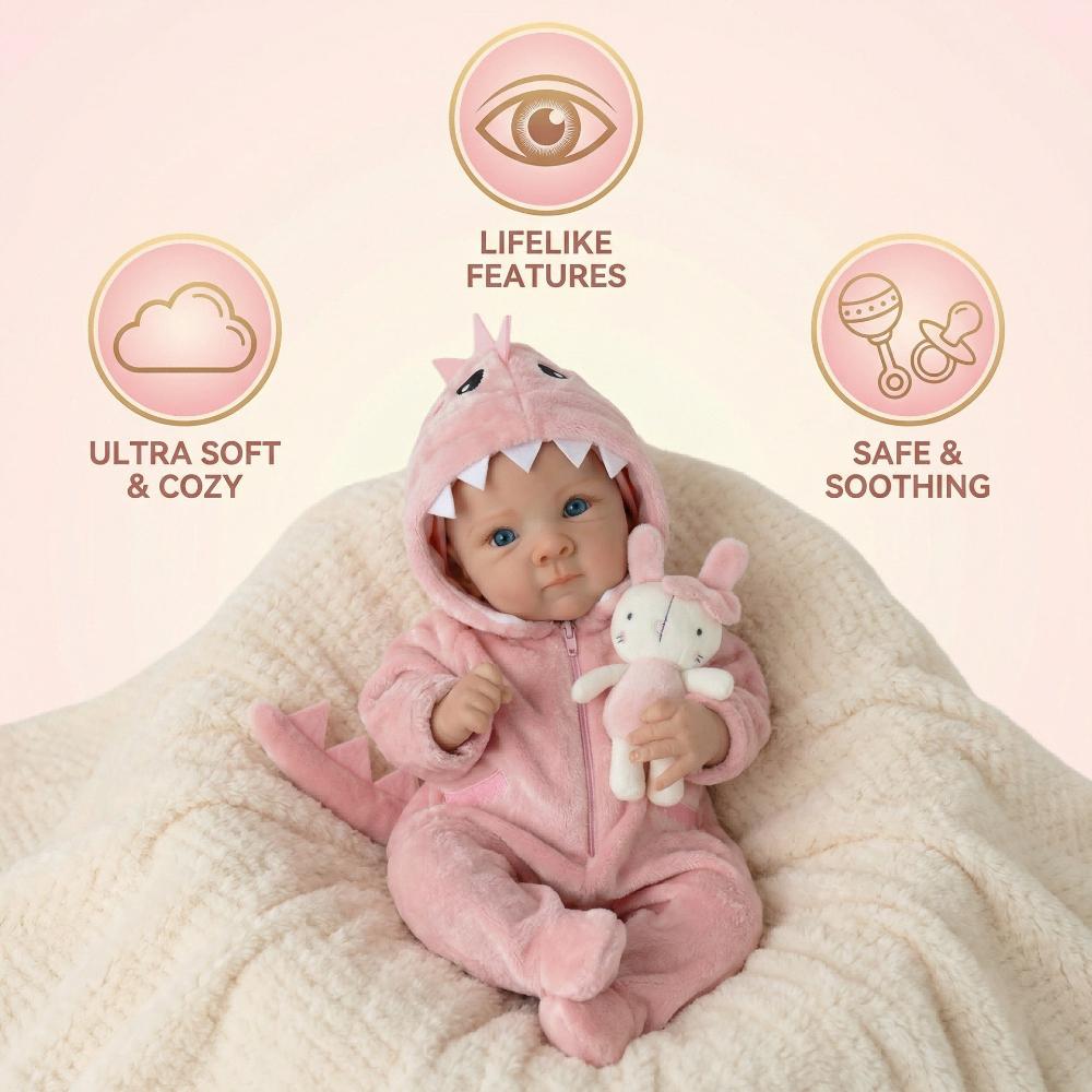 Cure 18 Inch Cloth Body Reborn Dolls Bettie Full Vinyl Body Newborn Babies Doll Wear Pink Dinosaur Romper Vivid Rebirth Dolls for Children's Day Gifts