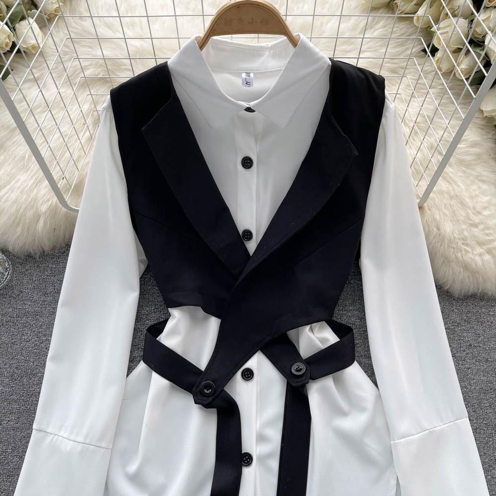 Hochwertiger zweiteiliger Anzug, Damen Herbstmode, Ausländischer Stil, Modisches Layering, Kurzes Westentop, Weißes langärmeliges Hemd