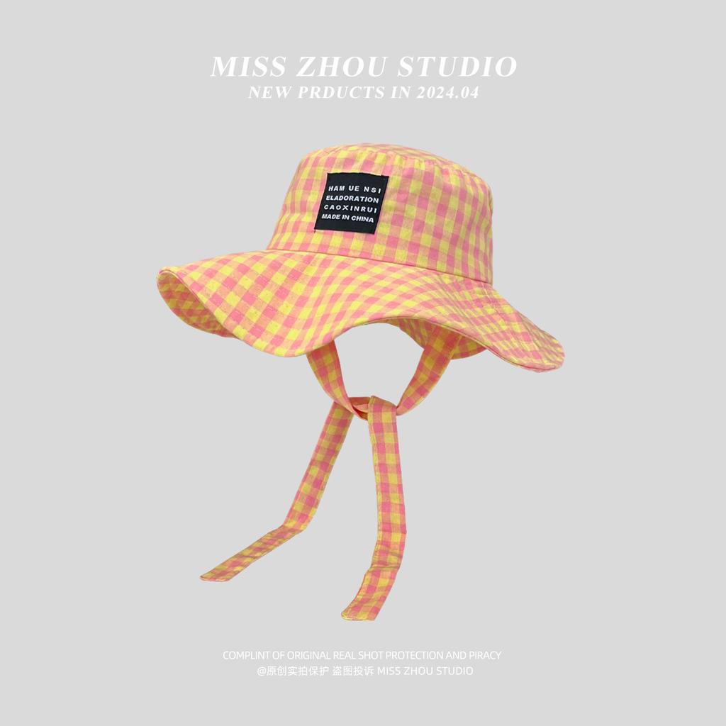 Plaid tied sunshade bucket hat women's idyllic big eaves foldable sunscreen sun hat summer