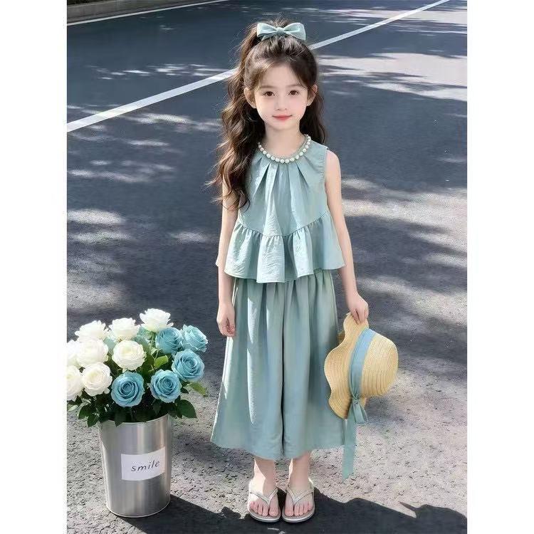 2026 Girls' Korean Style Summer Set: Chic Doll Shirt & Wide-Leg Pants
