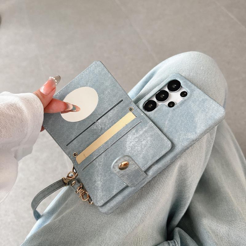 Luxury Solid Color Denim Wallet Card Slot One Buckle Lanyard Phone Case For Samsung S25 Ultra S23 S24 Ultra Bumper Back Cover