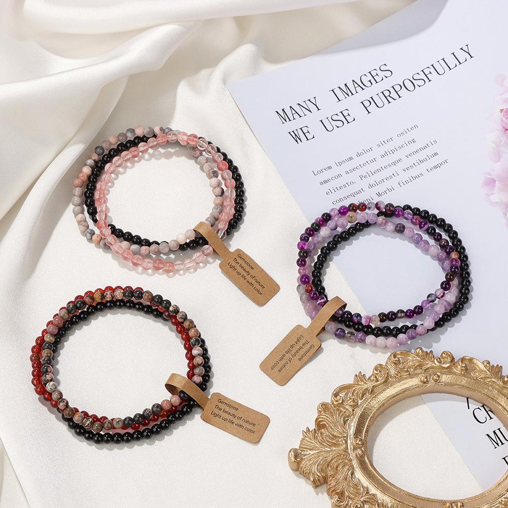 Braccialetti Elastici con Perline di Pietra Naturale da 4 mm (3 Pezzi) per Donna Uomo Agate Muschiate Quarzi Rosa Set di Braccialetti Elasticizzati con Etichetta Gioielli