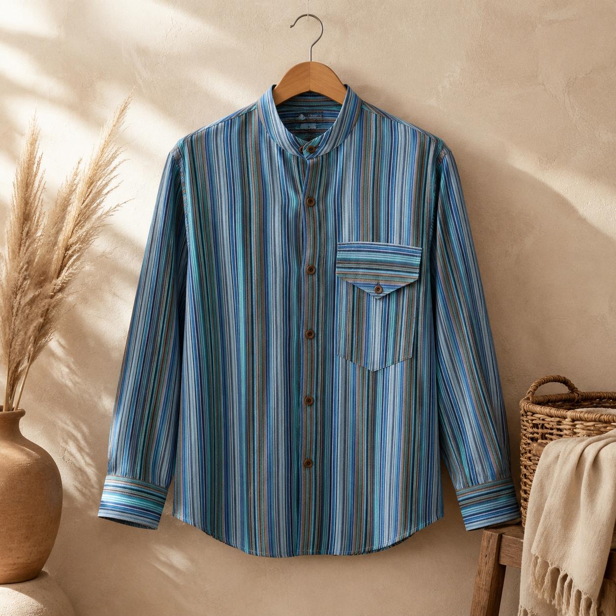 Shamtam Men's Turquoise Nomad Sari Grandad Shirt - Large
