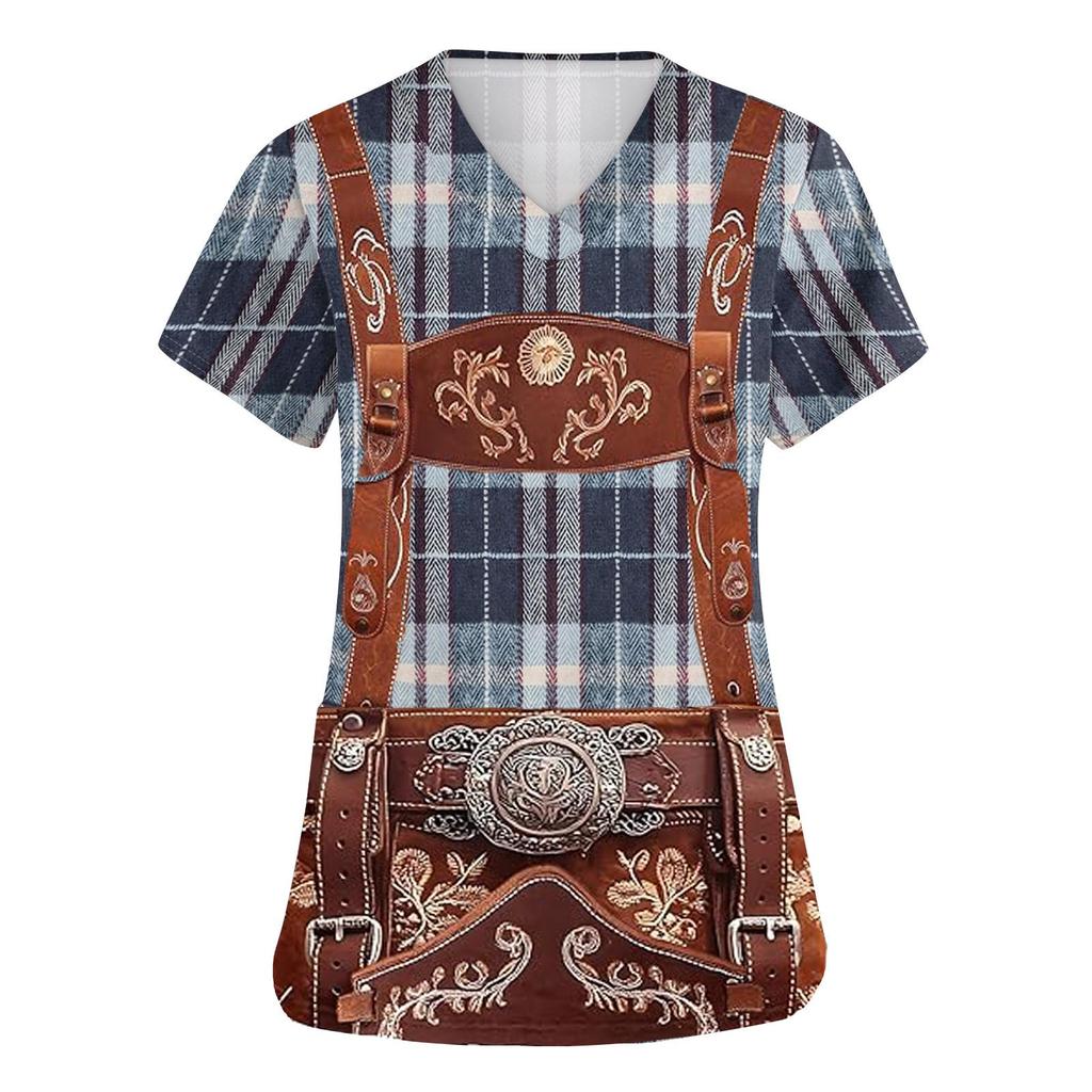 Women V Neck Short Sleeve Work Shirt with Pockets Oktoberfest Print Top Nursing Uniform Medical Scrub Tee with Front Pocket Design