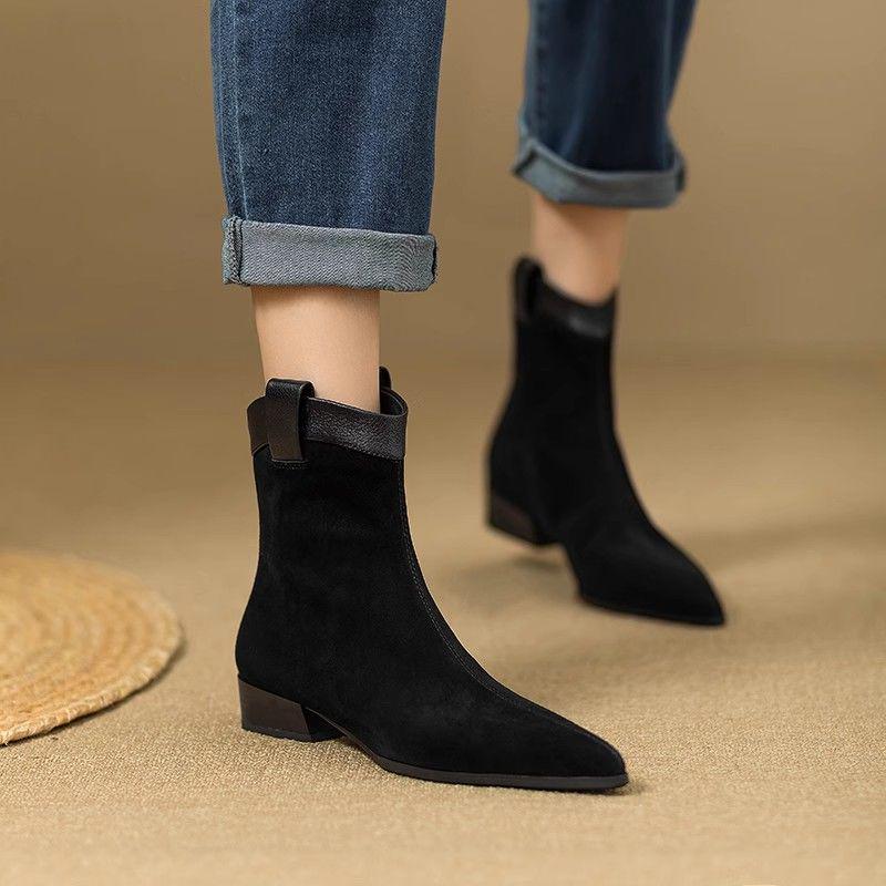 Women's Suede Retro Western Chunky Heel Ankle Boots - Soft Leather Pointed Toe Chelsea Style