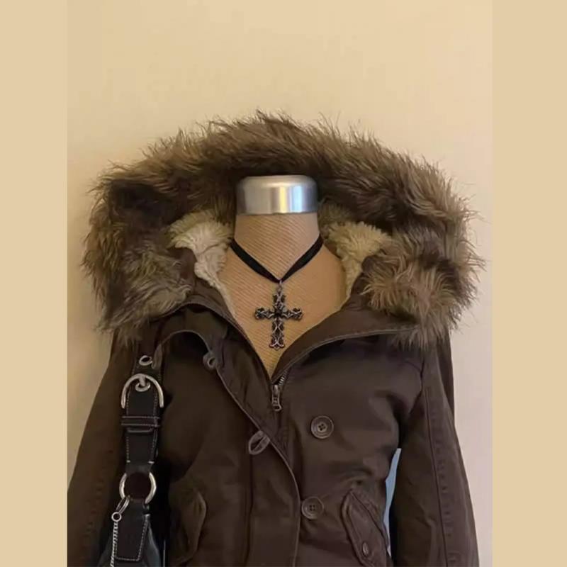 Damen Herbst Winter Vintage Abnehmbarer Pelzkragen Denim Taschenjacke Slim Fit Y2K Blazer Street Chic Oberbekleidung Warmer Mantel 2025