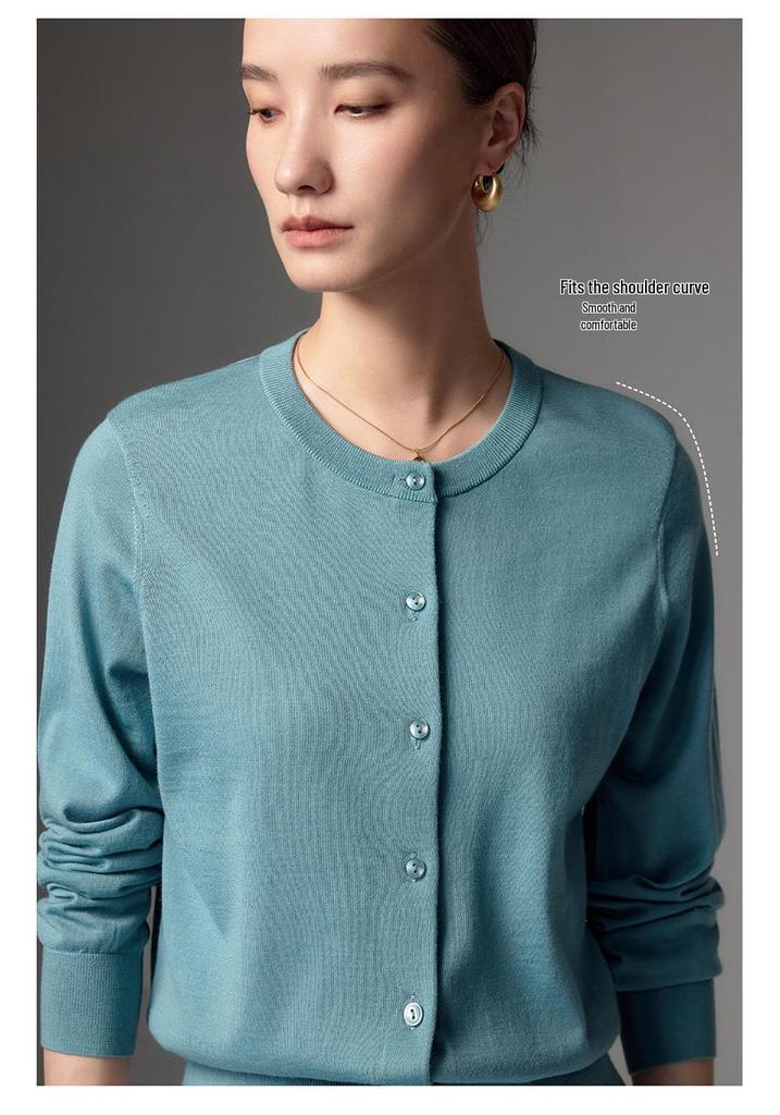 Merino Fine Spun Wool Women's Cardigan: 2026 Spring-Autumn Round Neck, Single-Breasted, Elegant Knit Sweater