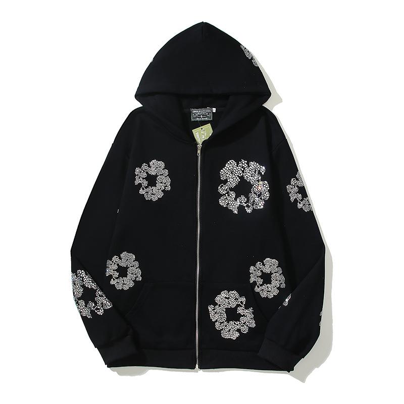 2025 High Street Hip Hop Vintage Kapok Cristal Diamante Fierbinți Fermoar Piept Jachetă Pulover cu Glugă Val