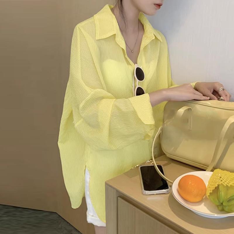 

ZANZEA Женская свободная повседневная однотонная блузка с длинным рукавом и прозрачной накидкой 5XL жёлтый