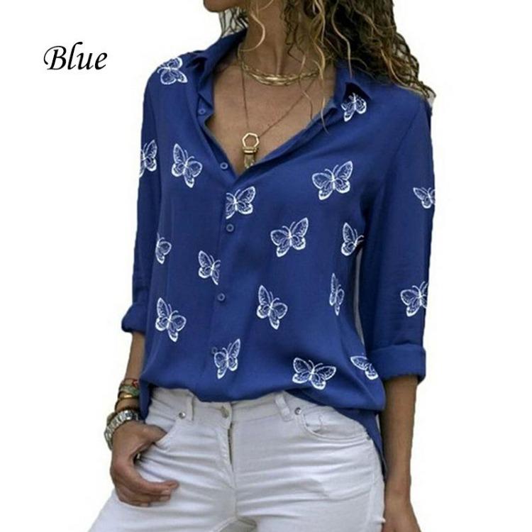 

Fashion Elegant Work Blouses Women Long Sleeve Butterfly Print Turn Down Collar Casual Shirt 5XL синий