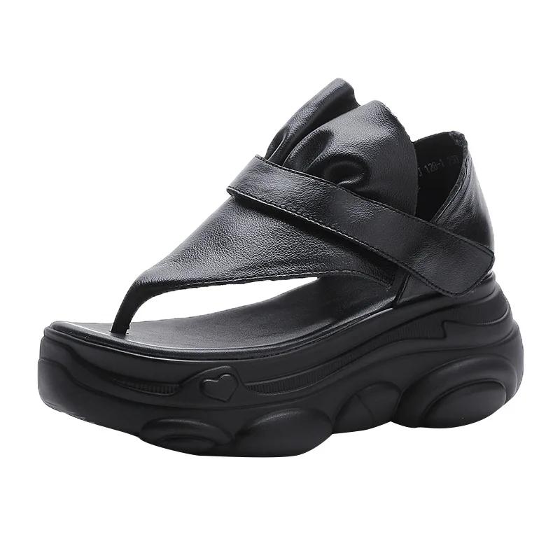 Fashion High Quality 7CM Cow Genuine Leather Black Flip On Slippers Pumps Hook Mary Jane Sandals Platform Wedge Women Summer Shoes Flats