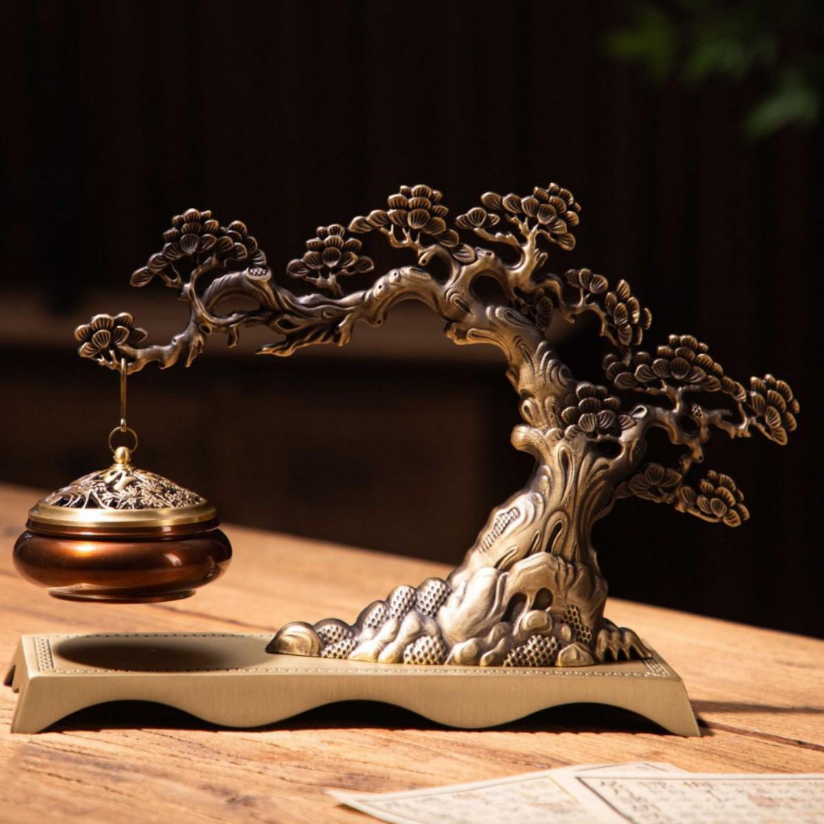 Bronze Hanging Incense Burner: Antique-Style Pine & Crane Longevity Design
