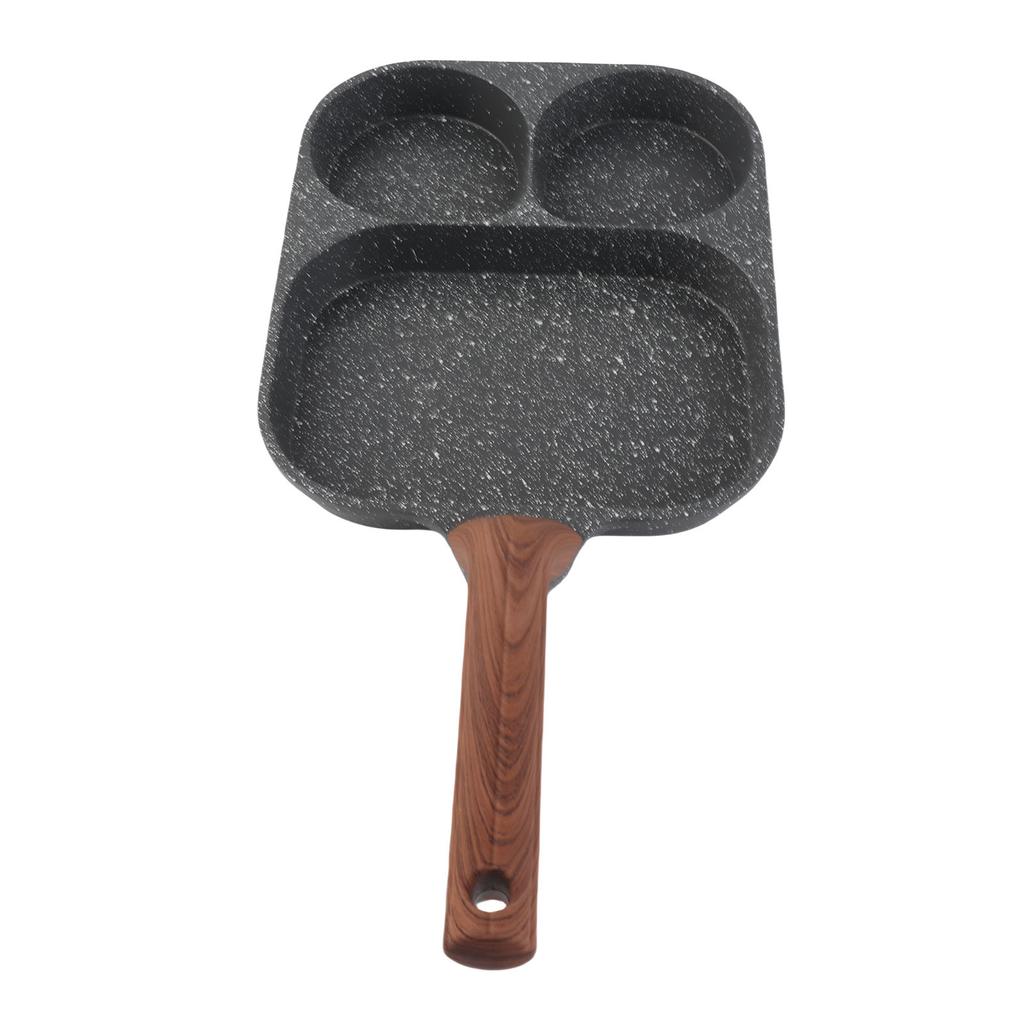 Egg Frying Pan 3 Section Stick Proof Flat Bottom Breakfast Cooking Pan with Heat Resistant Handle for Steak Omelette Black